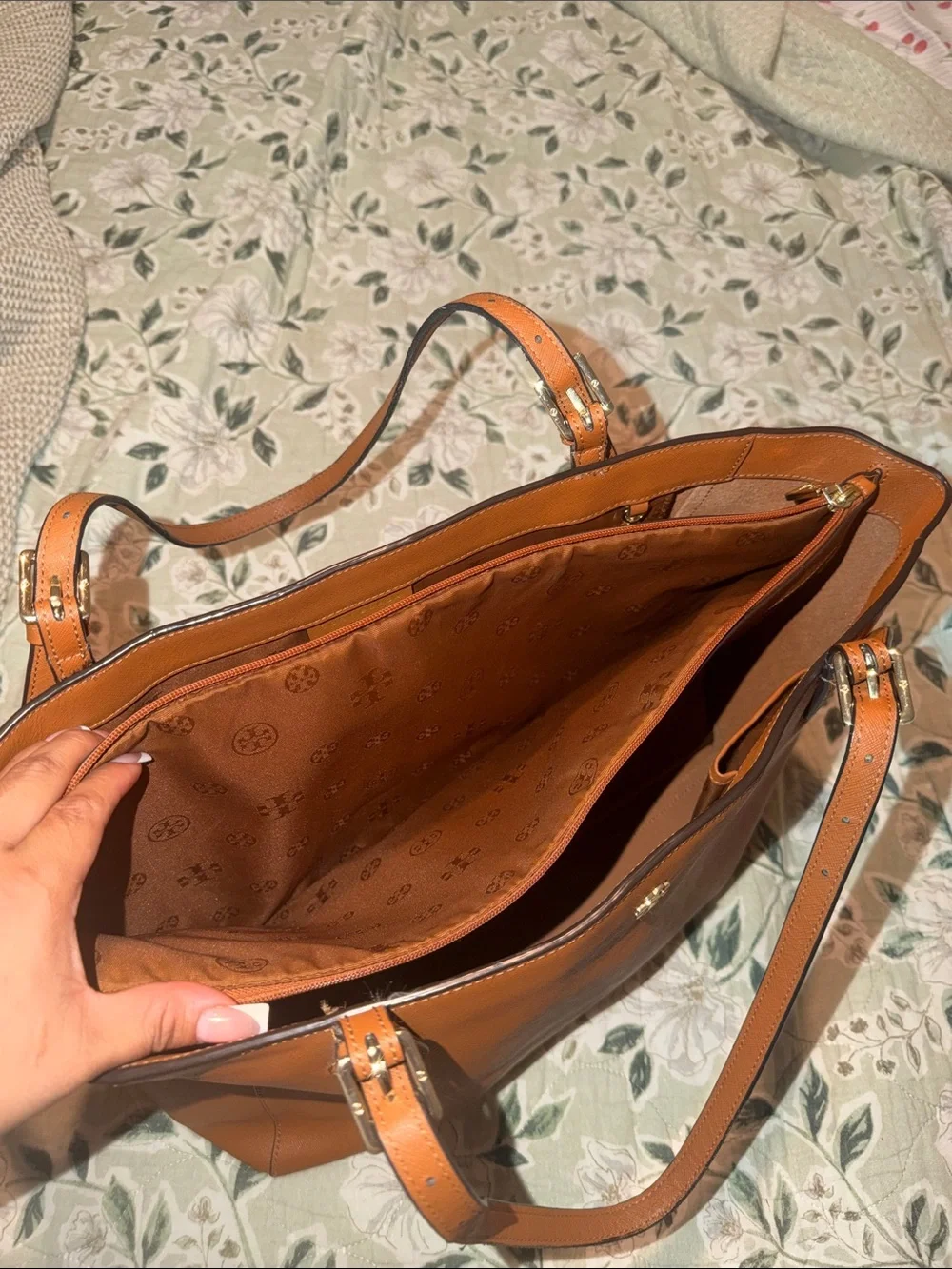 Tory Burch Cognac Leather Tote with Gold Logo
